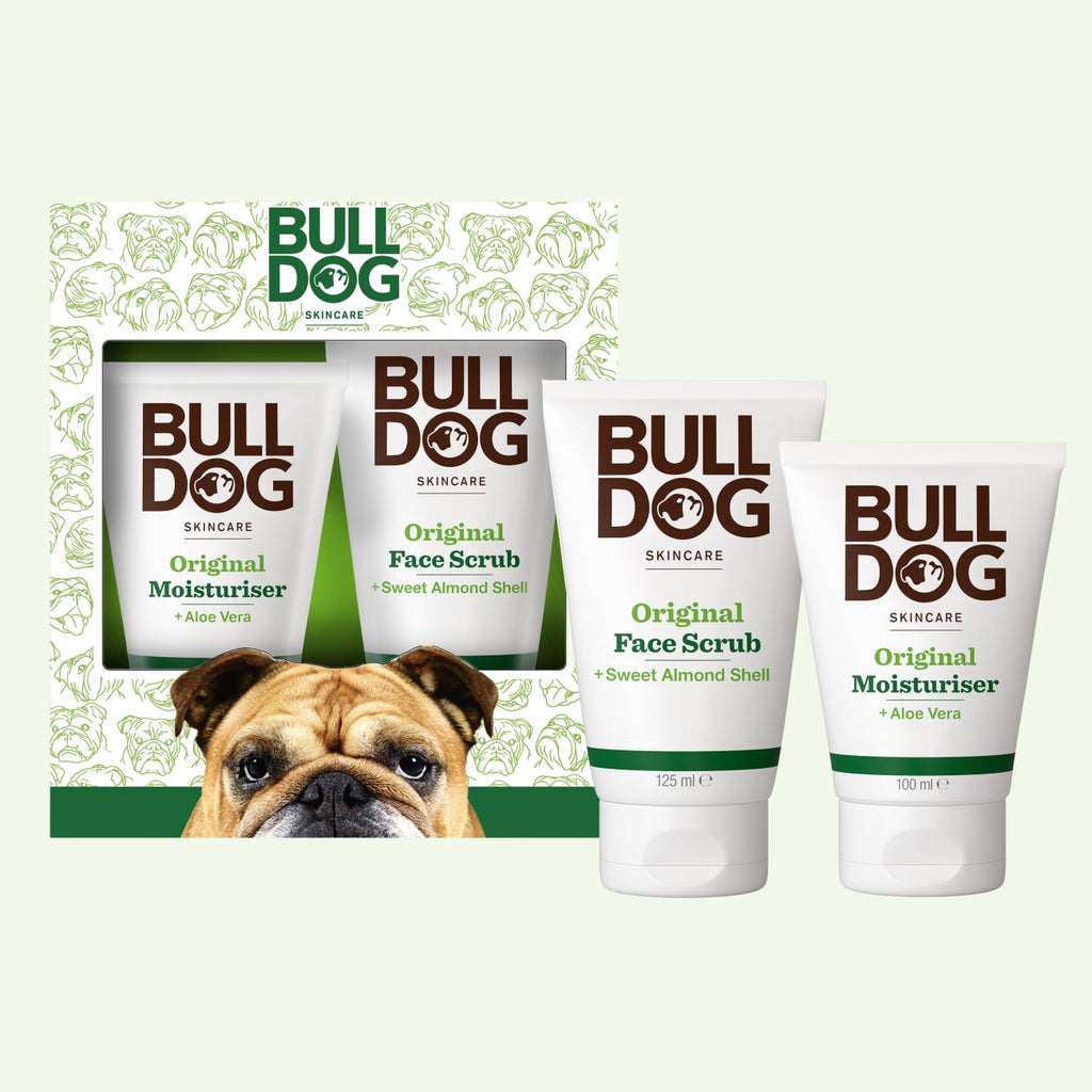 Original Skincare Duo Set for men, featuring two tubes—Original Moisturiser and Original Face Scrub with aloe vera and sweet almond shell—presented beside a box displaying a bulldog’s face.