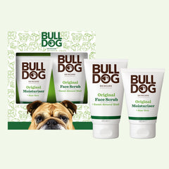 Original Skincare Duo Set for men, featuring two tubes—Original Moisturiser and Original Face Scrub with aloe vera and sweet almond shell—presented beside a box displaying a bulldog’s face.