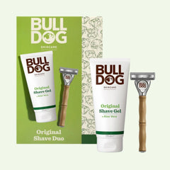 The Original Shave Duo features a green and white box containing a tube of Original Shave Gel with aloe vera and a Bamboo Razor, stylishly arranged on a light background.