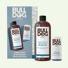Peppermint & Eucalyptus Body Care Duo, with a 500ml shower gel and 75ml natural deodorant in blue and white packaging, makes a refreshing, thoughtful gift for men.