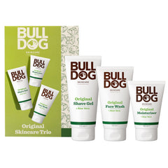 The Original Skincare Trio is perfect for gifting and includes Original Face Wash, Shave Gel, and Moisturiser in white tubes with green and brown labels, all presented beside a stylish green box.