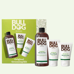 The Original Grooming Kit includes Shower Gel, Face Wash, and hydrating Moisturiser, all displayed next to the kit’s distinctive green and yellow packaging.