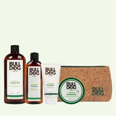 The Hair Styling Clay Bundle includes a shower gel, shampoo, face wash, and Hair Styling Clay tin in a Bulldog-logo cork toiletry bag—perfect for grooming essentials.