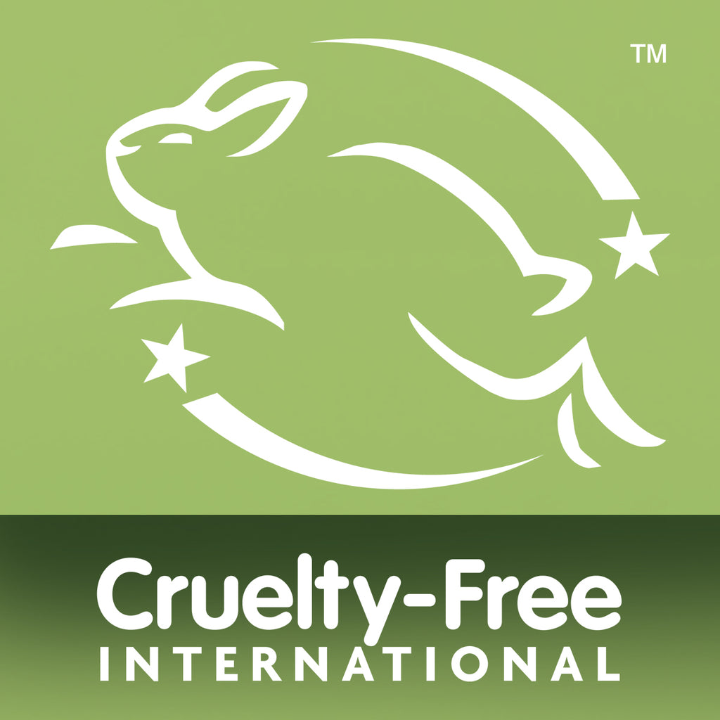 White outline of a leaping rabbit surrounded by stars on a green background, with “Cruelty-Free International” in bold—showcasing the Original Dry Skin Regime Bundle’s vegan formulas gentle enough for dry skin.